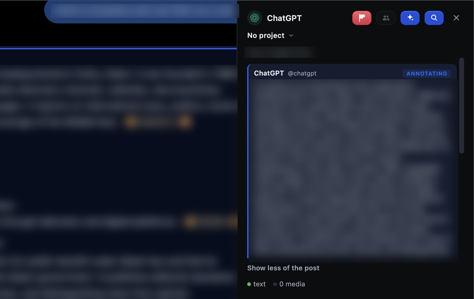 The annotator drawer open beside a ChatGPT reply, showing the reply captured for annotation with its text and media counts. The conversation text is blurred.