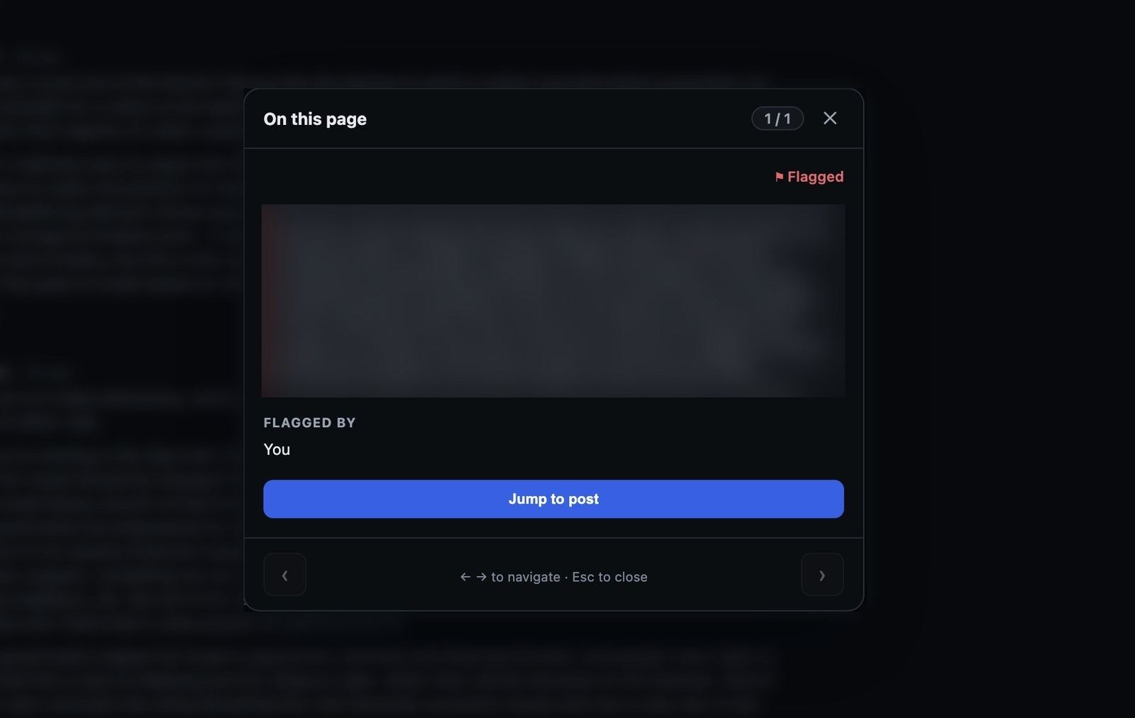 The flag review dialog on a Reddit thread, showing a flagged post and a jump-to-post action.