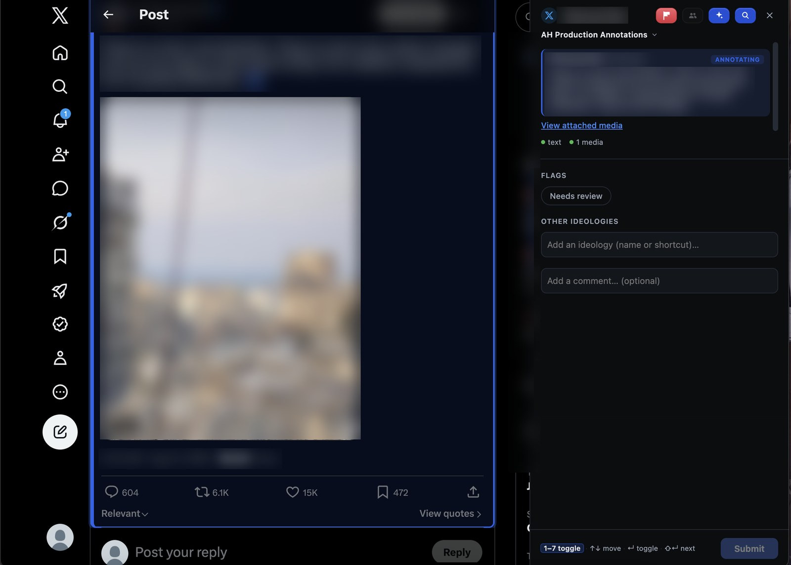 The Annotator drawer open beside a post on X, showing the captured post with its text and media counts, a Needs review flag, and fields for other ideologies and a comment. The post text is blurred.