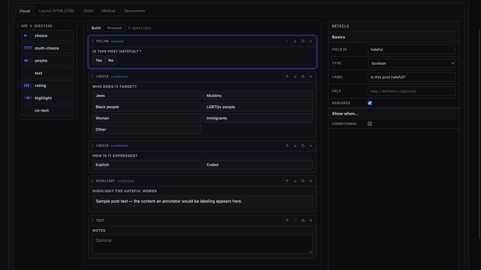 The schema editor: a palette of question types on the left, a five-question schema being built in the middle with a required yes/no question selected, and a details pane on the right showing its field id, type, label, help text and a conditional toggle.