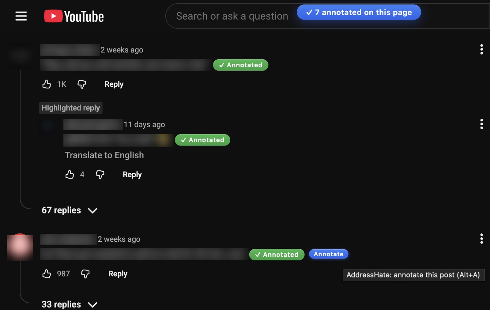 A YouTube comment thread where several comments carry an Annotated badge and one shows the Annotate button.