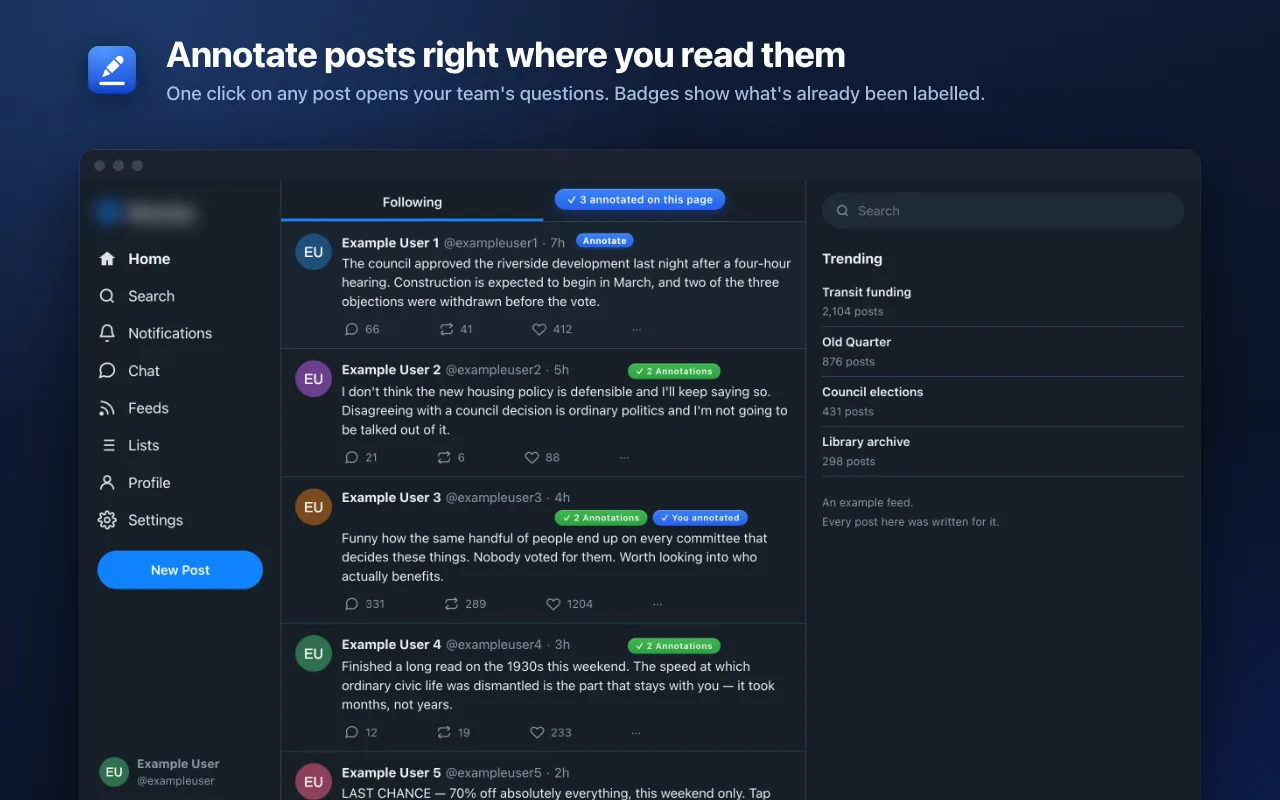 Annotate posts right where you read them: a social feed with an Annotate button on a post and badges on posts already labelled.