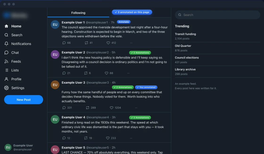 A social feed with example posts. One post has an Annotate button and several carry badges showing they were already labelled.