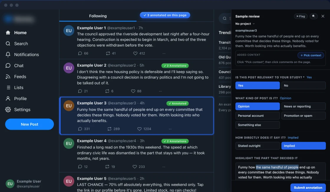 The annotation panel open beside an example post, showing the team's questions and a highlighted phrase.