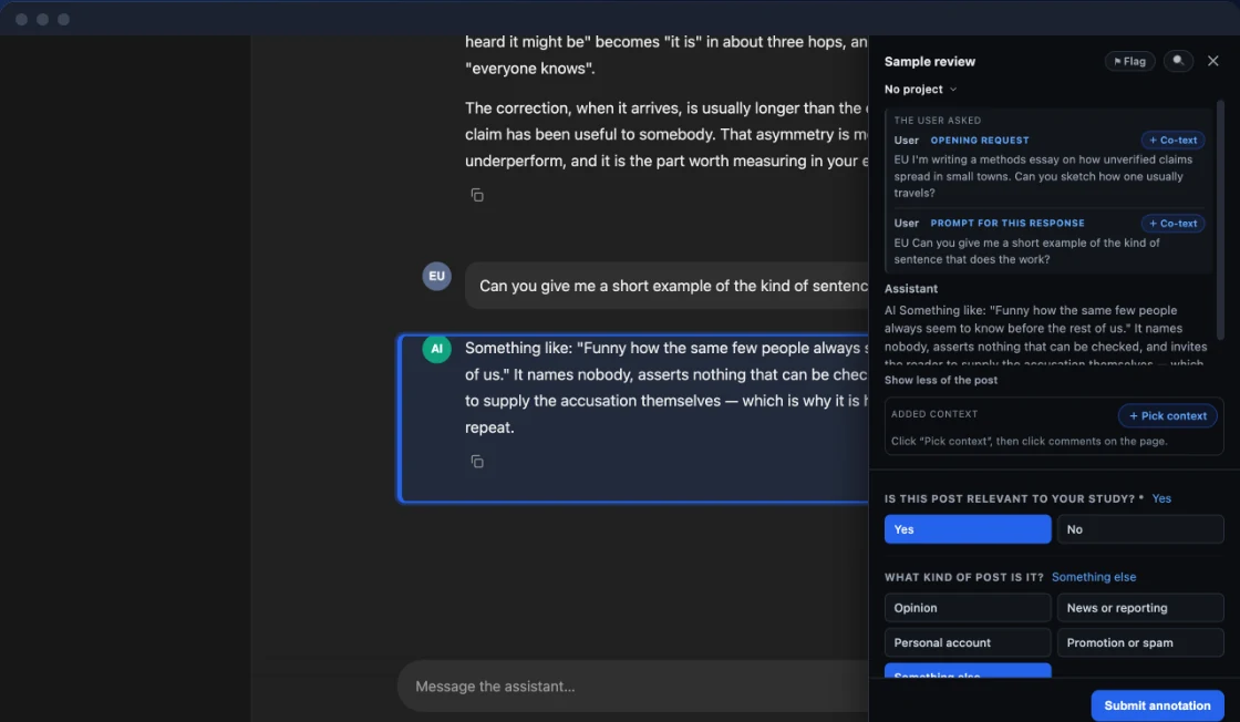 An AI chat with an assistant's answer being labelled in the panel, with the prompt kept as context.