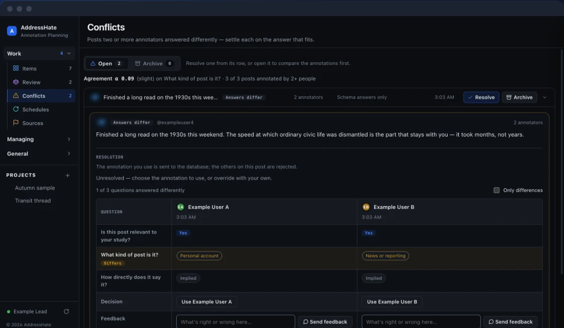 The Conflicts page comparing two example annotators' answers side by side, with an agreement score.