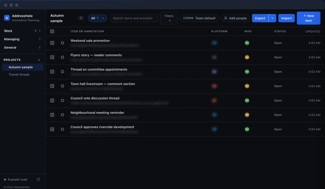 A project's list of posts in the workspace, each with a status and the teammate it's assigned to.